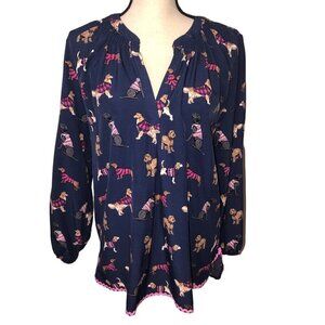 Simply Southern Dog Print Tunic Size S Navy Blue Pink Top Smocked Long Sleeve